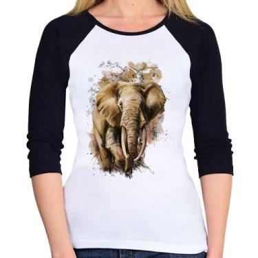 Imagem de Baby Look Raglan Elefante Watercolor Manga 3/4 - Foca na Moda, Branco,