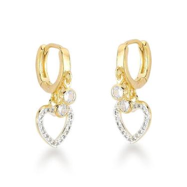 Imagem de Brinco Argola Com Ponto De Luz E Pingente Coração Banhados A Ouro 18k