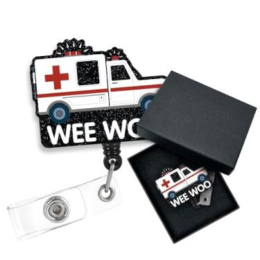 Imagem de Cusrtyh, Carretel retrátil de crachá de ambulância Wee Woo com clipe jacaré, presente para enfermeira paramédica médica assistente médica, motorista de ônibus de emergência, equipe de resposta rápida,