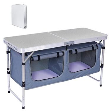 Imagem de Nice C Mesa de acampamento, mesa dobrável ajustável em altura, mesa de acampamento, mesa de cozinha de armazenamento, alumínio leve, com alça de transporte para uso ao ar livre, praia, churrasco,