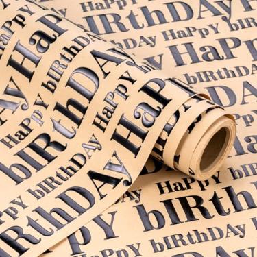 Imagem de WRAPAHOLIC Rolo de papel de embrulho de aniversário Kraft 3D - Mini rolo - 43 cm x 40 cm - Design de letras de feliz aniversário preto e marrom com relevo, perfeito para férias, celebração de festa