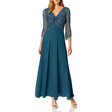 Imagem de J Kara Vestido longo feminino manga 3/4 gola V com contas, azul-petróleo/mercúrio, 46