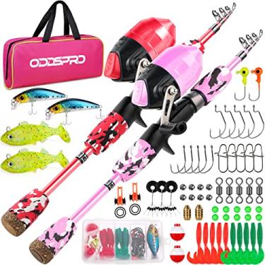 Imagem de ODDSPRO Vara de Pesca Infantil - Kit Inicial de Pesca Infantil - com Caixa de Equipamento, Carretel, Plug de Prática, Guia para Iniciantes e Bolsa de Viagem para Meninos, Meninas(2 Pacotes(Rosa Claro