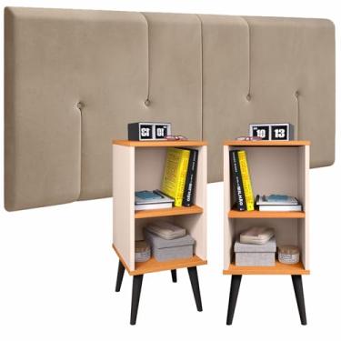Imagem de Conjunto Cabeceira 1.40 Dubai + 2 Mesa Cabeceira com Nicho Suspensa Charme (Bege/Off Cinamomo)
