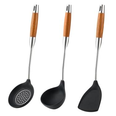 Imagem de FJNATINH Espátula wok de silicone, concha, conjunto de ferramentas de concha de escumadeira, utensílios de cozinha antiaderentes resistentes ao calor, sem BPA, utensílios de cozinha, cabo de madeira,
