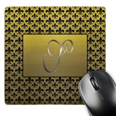 Imagem de 3dRose Elegante letra S em relevo em moldura dourada sobre um padrão flor-de-lis preto em um fundo dourado (mp_36097_1)