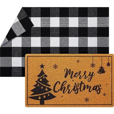Imagem de Geelin 2 peças tapete de porta de Natal capacho frontal de Natal preto e branco Buffalo tapete xadrez decorativo árvore de Natal imitação de fibra de coco tapete de chão de boas-vindas tapete de camadas para porta da frente (floco de neve)