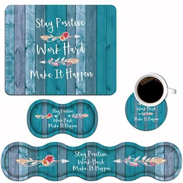 Imagem de Apoio de pulso para teclado e mouse pad conjunto de descanso de pulso [4 peças], mantenha o trabalho positivo duro e faça acontecer citação inspiradora base de borracha antiderrapante para escritório em casa estudando fácil digitação e alívio da dor