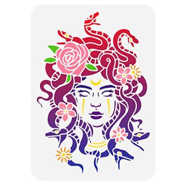 Imagem de FINGERINSPIRE Estêncil de pintura Medusa 29,7 x 21 cm modelo de pintura femme fatale serpentes enroladas desenho floral estêncil molde de plástico reutilizável pintura em scrapbook chão móveis madeira