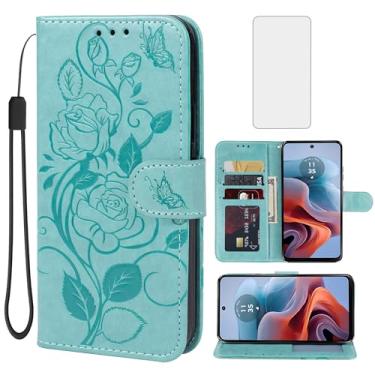 Imagem de Vavies Capa para Moto G34 5G, capa carteira para Moto G45 5G XT2363-2 com protetor de tela de vidro temperado, capa de couro floral com suporte para cartão de crédito para Motorola Moto G34 5G verde