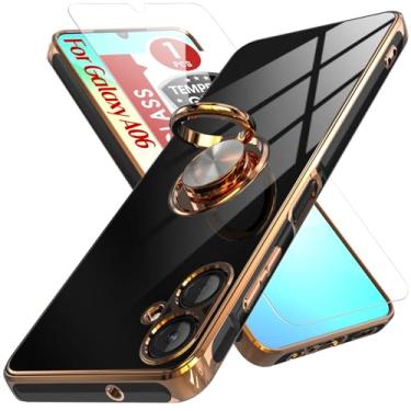 Imagem de AZHEPU Capa para Samsung Galaxy A06 com protetor de tela de vidro temperado, capa para Galaxy A06 com suporte magnético de anel, borda dourada banhada a ouro, capa fina de TPU macio para Samsung A06,