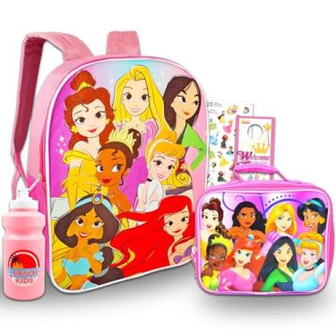 Imagem de Mochila Disney Princess com lancheira para meninas, pacote de 5 peças ~ Mochila escolar de luxo de 38 cm, lancheira, garrafa de água, adesivos e mais (material escolar de princesas da Disney), Mochila