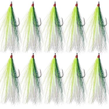 Imagem de Ganchos de pesca Bucktail Teasers anzóis de água salgada Linguado Ganchos de pesca com Bucktail Cristal Flash Saia Teasers para bacalhau peixe-gato linguado salmão truta robalo (verde e amarelo)