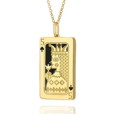 Imagem de UniLogue Colar com pingente quadrado de tarô requintado exclusivo pôquer corrente sol lua palhaço rainha banhado a ouro 18 K colar de aço titânio, Aço Titânio, Zircão