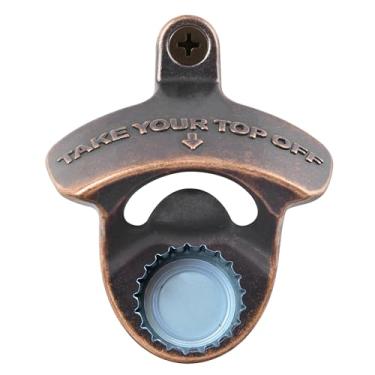 Imagem de Jumiok Abridor de garrafa montado na parede com ímãs embutidos, abridor de tampa magnético de cobre antigo de refrigerante de madeira montado em aço inoxidável