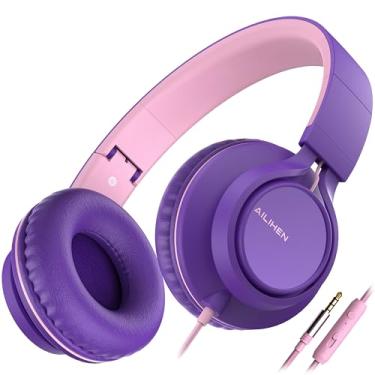 Imagem de Fones de ouvido com fio AILIHEN C8 supra-auriculares com microfone e controle de volume, estéreo dobrável com fio de 3,5 mm para meninas, Chromebook, laptop, computador, tablet, viagens (roxo e rosa)