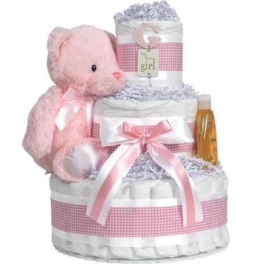 Imagem de Bolo de Fraldas Lil' Baby Cakes para Menina - Com Ursinho de Pelúcia