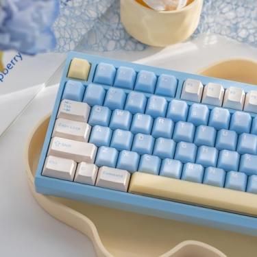 Imagem de Teclas azuis de jade, teclas translúcidas brancas que brilham, teclas minimalistas de tiro duplo, conjunto de teclas retroiluminadas com perfil cereja para 60% 65% 75% 100% Mx Switches teclado