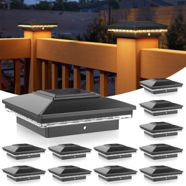 Imagem de APONUO Luzes solares de poste de cerca, luzes de poste solares, luzes de poste solares brancas quentes ao ar livre à prova d'água jardim pátio quintal luzes para deck de cerca 4 x 4, ligar/desligar