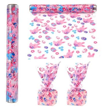 Imagem de shareluck Rolo de papel de embrulho de celofane de Páscoa de 30 metros - Papel de embrulho de violoncelo de Páscoa para cestas de presente, guloseimas - design de Páscoa e celofane de ovos. (30 m de