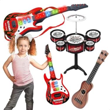Imagem de Kit de Instrumentos Musicais Infantil com Mini Bateria Ukulele Violão Guitarra Eletrônica com Luz e Som Brinquedo Educativo para Crianças Menino e Menina Presente Natal (Bat. Vermelha / Violão Escuro)