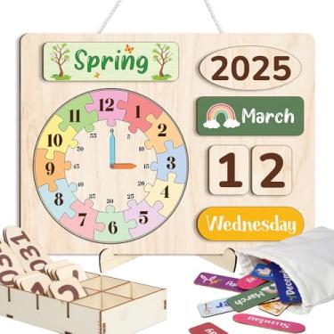 Imagem de Mondily Calendário interativo para crianças de 3 a 8 anos, calendário infantil de madeira, estações de ensino, anos, meses, dias da semana, calendário diário para crianças, calendários pré-escolares