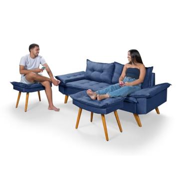 Imagem de Sofá Bariloche 3 Lugares com 2 Banquetas, Tecido Linho, 2 Metros Essencial Estofados (Azul)