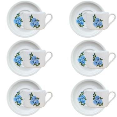 Imagem de Jogo 6 xícaras Café/Chá com pires 170ml Base Reta Flor Azul - Antilope