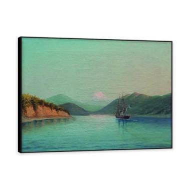 Imagem de Moldura preta. Impressões de Lev Lagorio. Pintura de arte de parede de paisagem marítima. Pôster de reproduções de impressões em tela de paisagem para decoração de casa. (Navio na baía). 80 x 105 cm -