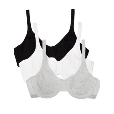 Imagem de Fruit of the Loom Sutiã feminino de algodão elástico extremo confortável, Preto/Branco 86ck/ Cinza mesclado, 38DD