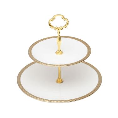 Imagem de Prato Duplo de Porcelana P/Doces Paddy Branco/Dourado 24x27cm Wolff