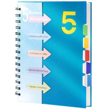 Imagem de CAGIE Caderno espiral 12 x 17 com divisórias, caderno de 5 assuntos com abas largas pautadas A5, diário encadernado em espiral para anotações, trabalho, material escolar, 220 páginas, azul