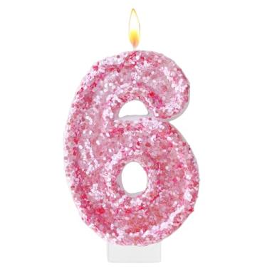 Imagem de Velas de aniversário rosa, número 6 para bolo, topo de bolo rosa com glitter, decorações de festa de aniversário de princesa, enfeite de cupcake, lembrancinhas de festa, suprimentos de decoração