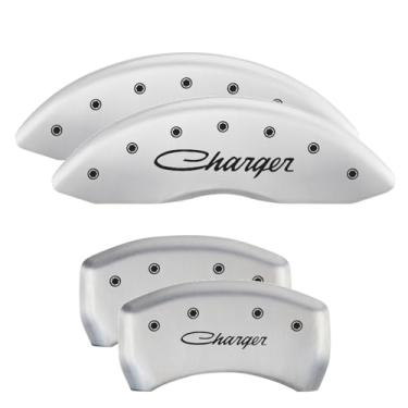 Imagem de MGP Caliper Covers - Capas de pinça de freio para Dodge Challenger 2011-2023 e Dodge Charger 2011-2023 (requer pinça dianteira de pistão duplo) Conjunto dianteiro e traseiro - Logotipo cursivo gravado