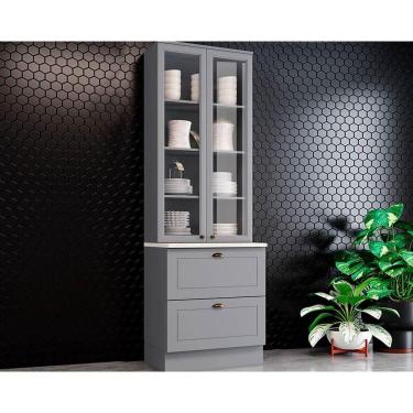 Imagem de Cristaleira De Cozinha Americana C/ 2 Portas (2 C/vidro) C/ 2 Gavetas 71,5cm Cinza - Henn