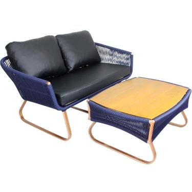Imagem de Sofá Milão 2 Lugares Mesa Com Tampo De Madeira Corda Sintética Azul Marinho