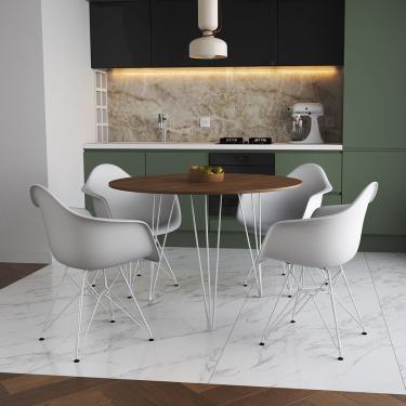 Imagem de Mesa Jantar Redonda 90Cm Amêndoa Clips 3 Pés Com 4 Poltronas Brancas Ferro Branco Marrom