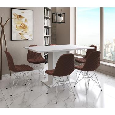 Imagem de Mesa Jantar Londres Retangular Branca 137X90 6 Cadeiras Estofadas Caramelo Ferro Branco