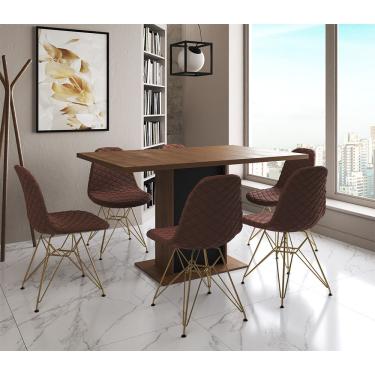Imagem de Mesa Jantar Londres Retangular Amêndoa 137X90 Base Preta 6 Cadeiras Estofadas Caramelo Base Dourado