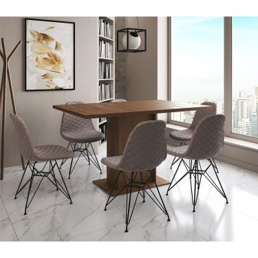 Imagem de Mesa Jantar Londres Retangular Amêndoa 137X90Cm 6 Cadeiras Estofadas Nude Médio Ferro Preto