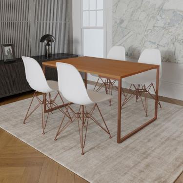 Imagem de Mesa Industrial Base Ferro Cobre Tampo 137X90 Canela 4 Cadeiras Ferro Cobre Assento Branco Marrom