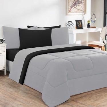 Imagem de Kit Edredom + Jogo De Lençol 100% Algodão Gran Moratta 7 Peças Queen Cinza-preto