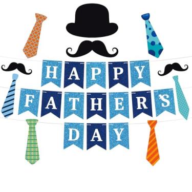 Imagem de Banner pré-amarrado Feliz Dia dos Pais, guirlanda suspensa feliz dia dos pais, decoração de festa para pai, cartolina com letras brilhantes (gravata de bigode de chapéu preto azul)