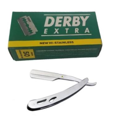 Imagem de Kit Navalha De Aço Inoxidável + 100 Lâminas Derby Extra