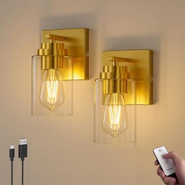 Imagem de ThyFenno Arandela De Parede Operada Por Bateria Com Controle Remoto, Conjunto 2, Luminária Regulável Fácil Instalação, Lâmpada Sem Fio Recarregável Para Quarto, Banheiro, Cozinha, Espelho Maquiagem,