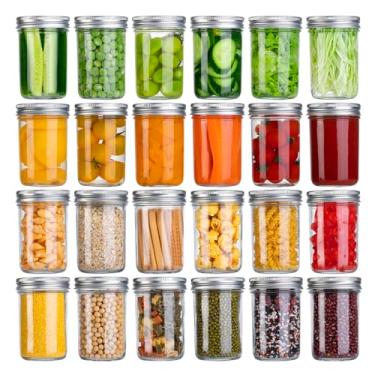 Imagem de SKOCHE Potes De Vidro Mason 8 Oz, Embalagem Pequena Com 24 Onças, Tampa, Meio Litro, Ideal Para Geleia, Mel, Geleias, Casamento, Lembrancinhas Chá Bebê - Inclui Etiquetas Brancas