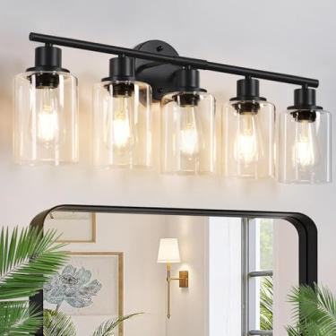 Imagem de Zarbitta Luminárias De Banheiro Com 5 Luzes, Luzes Penteadeira Pretas Modernas Cúpula Vidro Transparente, Luminária Parede Para Espelho, Cozinha, Sala Estar, Corredor, Armário, Varanda