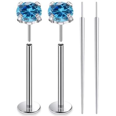 Imagem de Ruifan ASTM F136 titânio bochecha piercing barra joias sem rosca push in flat back língua anéis oceano azul zircônia cúbica sólido titânio labret piercing corporal joias para mulheres homens 16G 14 mm