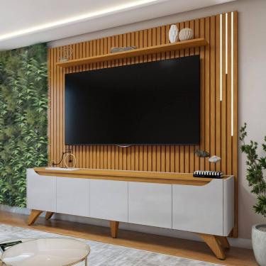 Imagem de Rack com Painel para TV Até 75 Polegadas Grécia Paris 4 Portas 1 Gaveta com Led Off White/Naturallle - Mavaular