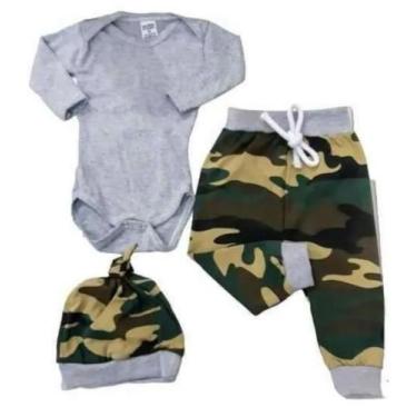 Imagem de Conjunto Bebe Camuflado Bodye Touca Calça - KADU MODAS, Cinza, M
